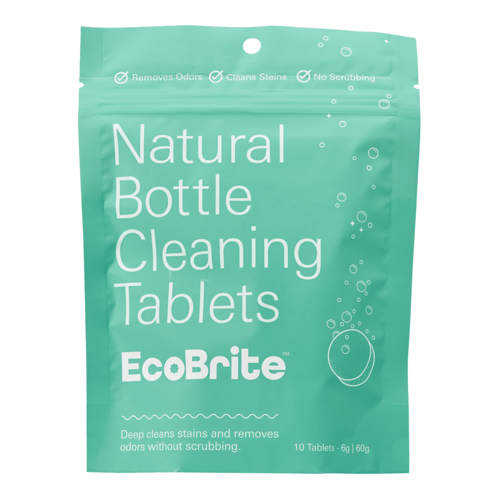 Bottle Cleaning Tablets 10 Pack in EcoBrite; front of teal resealable packet labeled \Natural Bottle Cleaning Tablets EcoBrite\