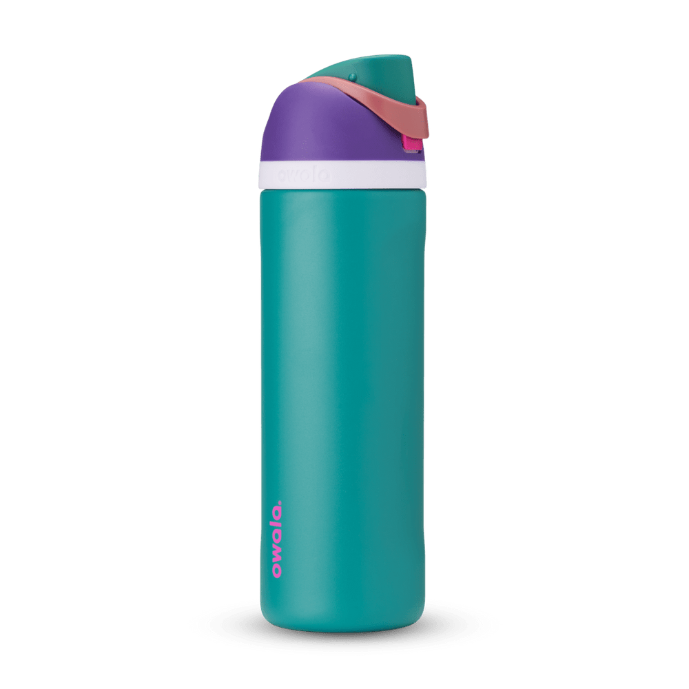 Full profile shot of the 24oz '80s Ski Slope' FreeSip water bottle in blue and purple.