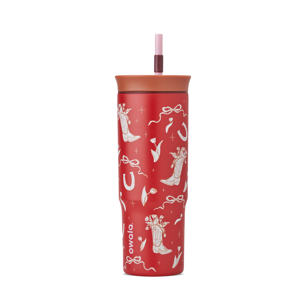 Owala Birthday Bash Marlu Giddy Up 24oz Tumbler in deep red with cream illustrated cowboy boots, horseshoes, ribbons, and stars, terracotta lid, and pink straw
