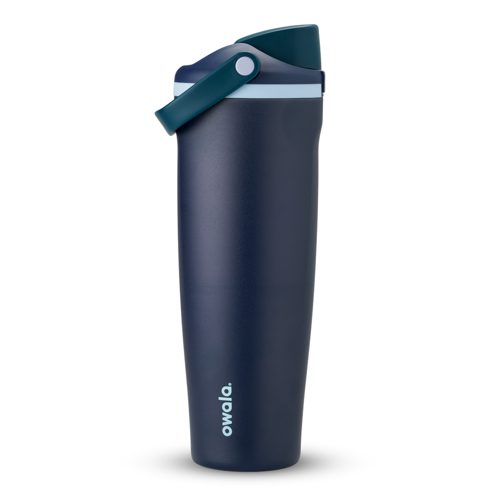 FreeSip Sway 40oz, deep navy blue tumbler with dark teal flip cap and pale blue carry loop; taller 40oz