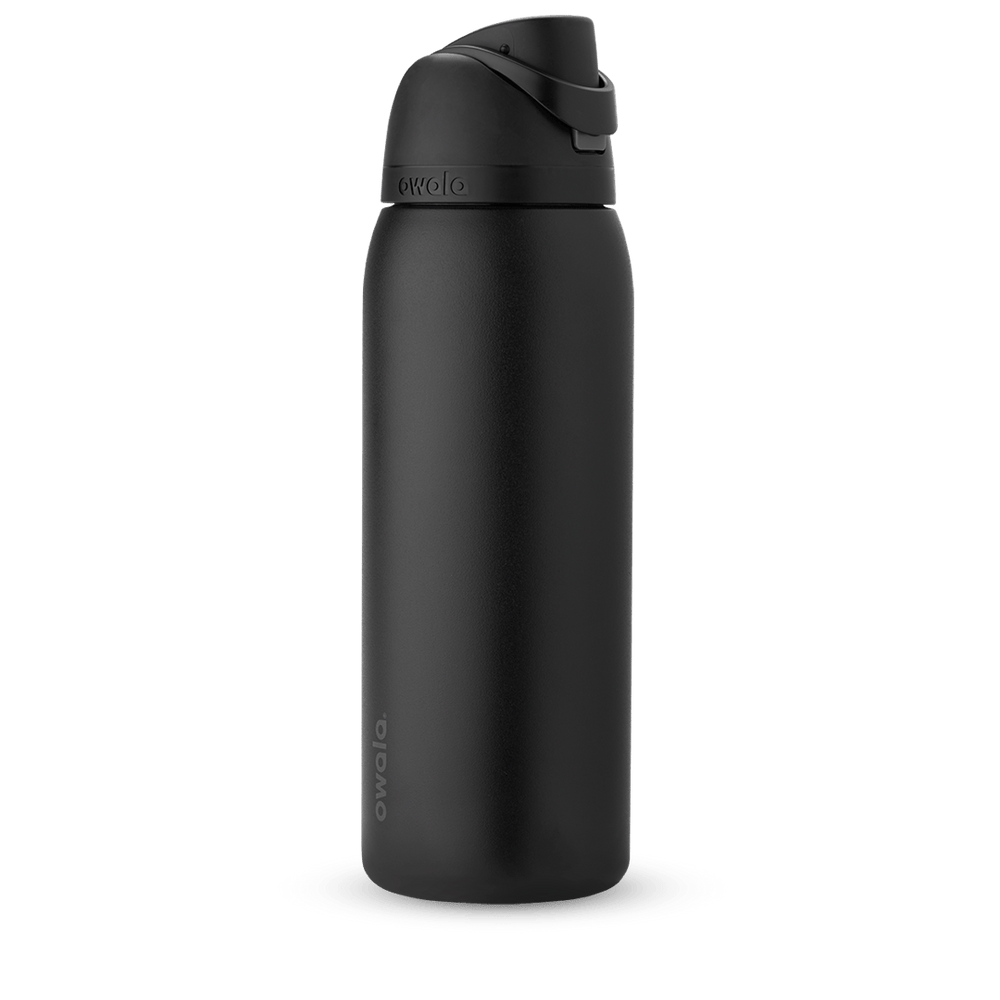 FreeSip 40oz in Very, Very Dark, all-black insulated bottle with matching black flip cap, carry loop, and lid