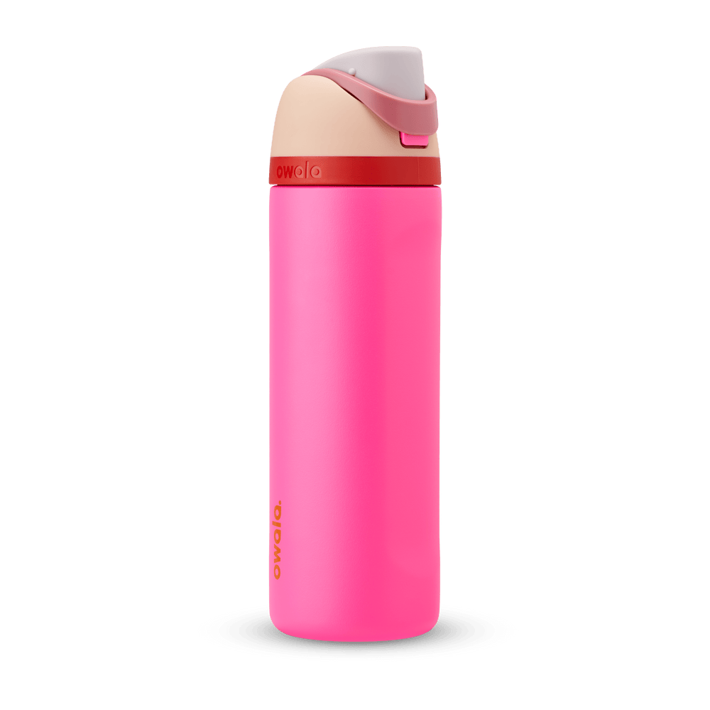 FreeSip 24oz water bottle, neon hot pink body with blush pink and dark rose color-block flip cap
