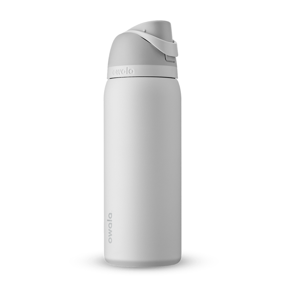 FreeSip 32oz water bottle, soft off-white body with light gray flip cap and carry loop