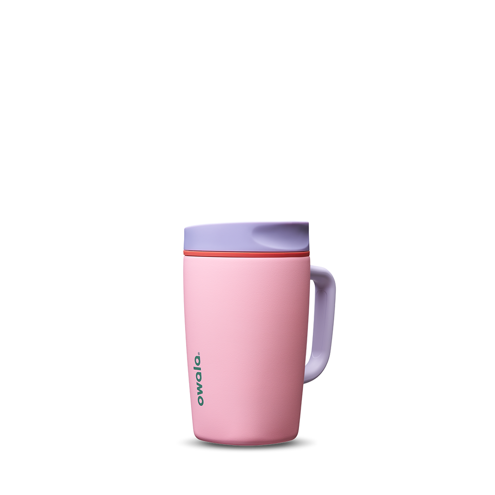 SmoothSip Slider with Handle 12oz in Sugar High, soft pink body with lavender slider lid, lavender handle, and orange slider button