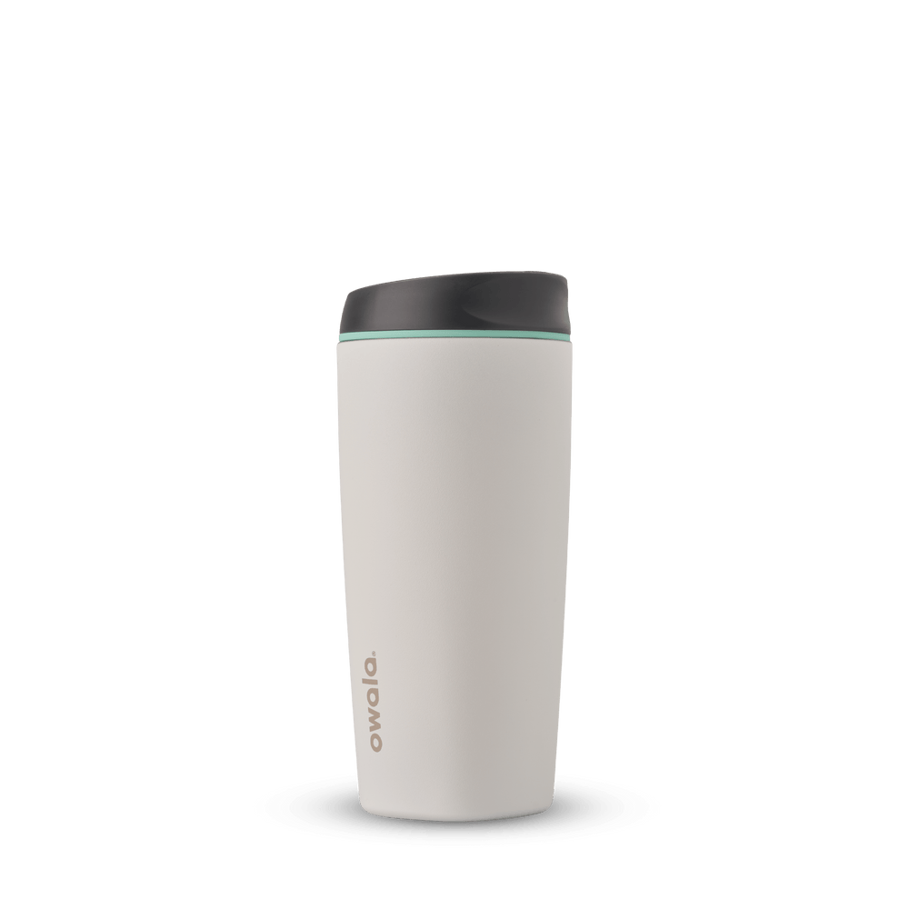 SmoothSip 20oz in Cloudscape, off-white cream tumbler body with charcoal gray flip-style lid and mint green accent ring