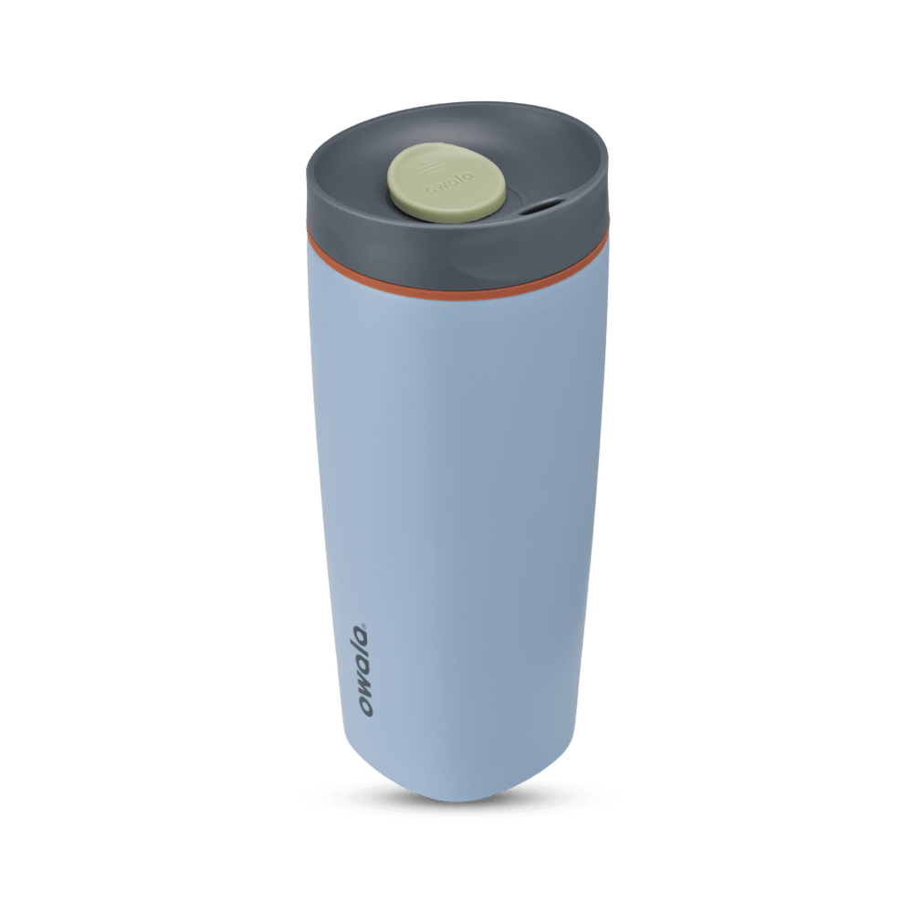 SmoothSip Slider 20oz in Lakeside, light blue body with dark gray lid, sage green slider button, and orange accent ring